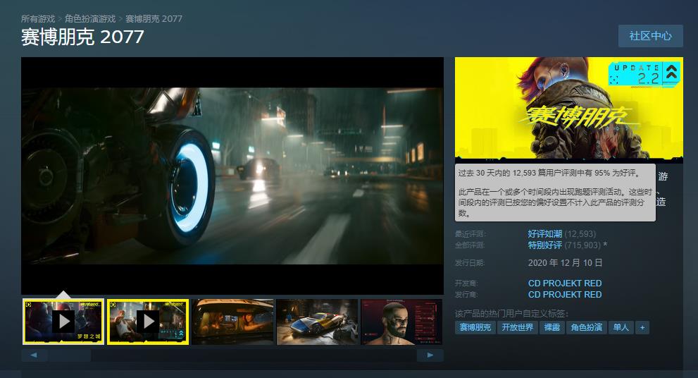 《赛博朋克2077》Steam最近评测已升至“好评如潮”